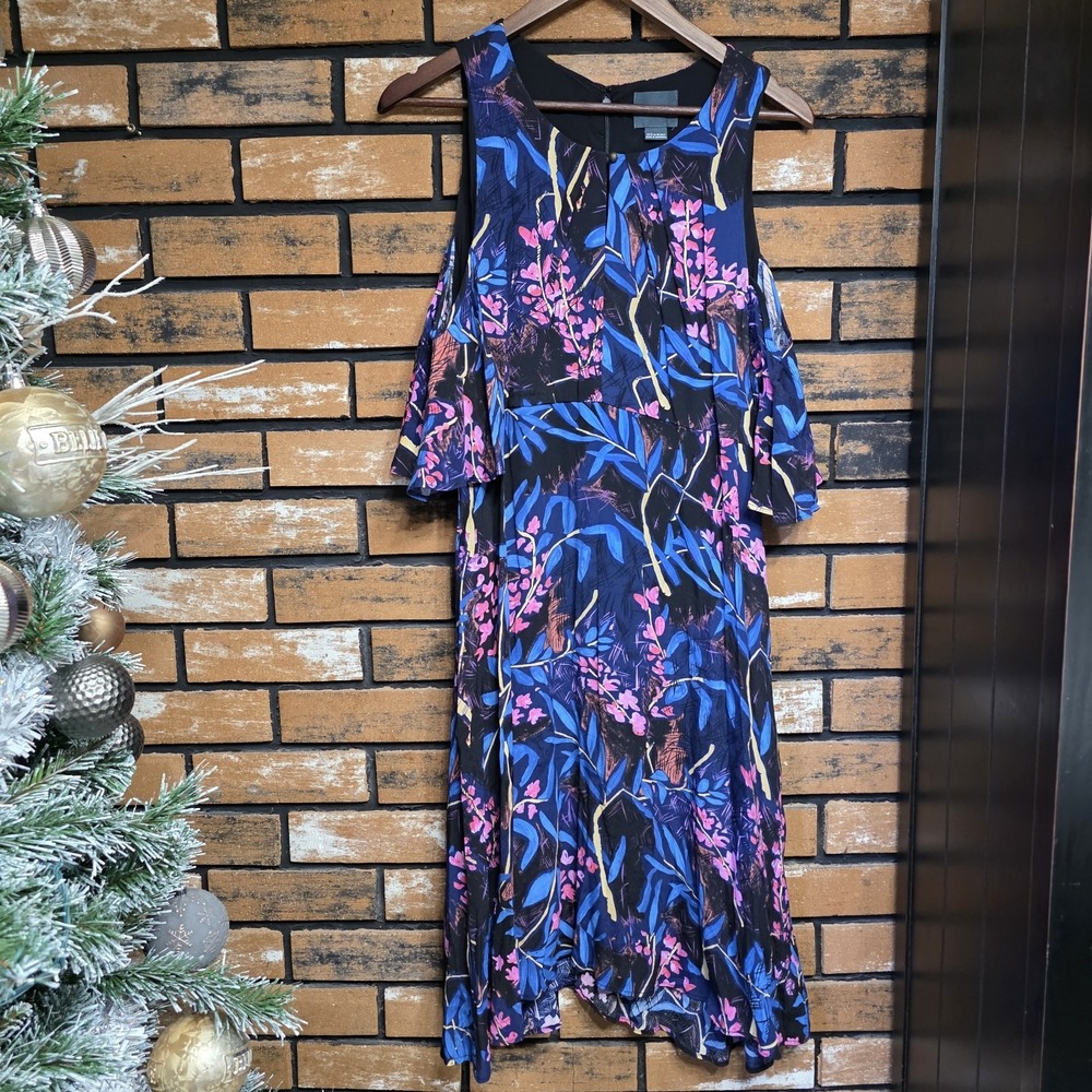 Anthropologie Maeve Size‎ 12 Elia Dress Cold Shoulder Dress Lined Floral Blue